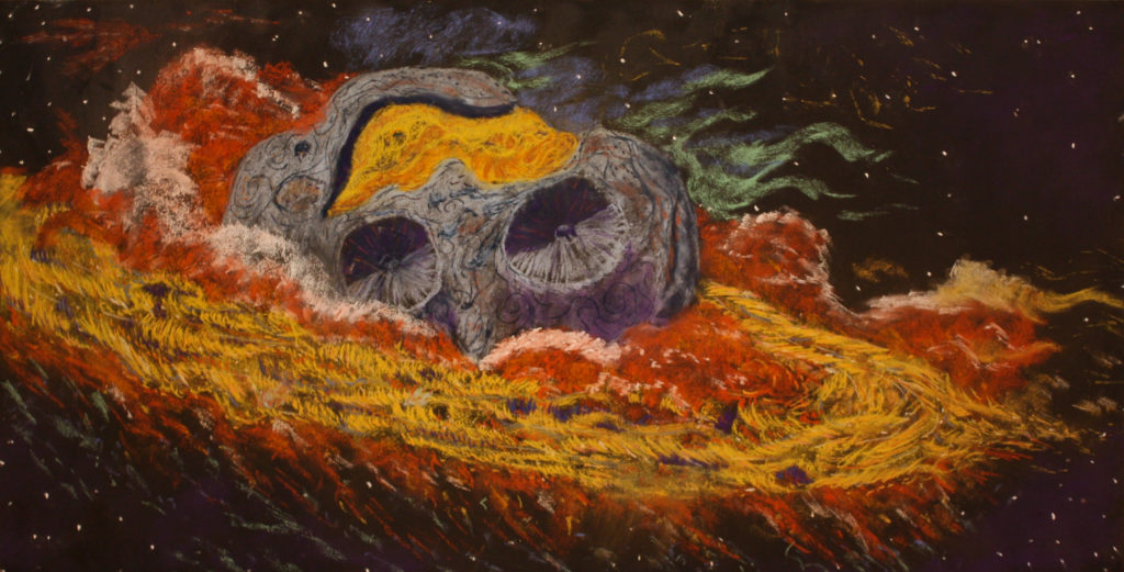 16-Psyche looms large in the drawing, a silvery-blue mass with gritty swirls of dark blue and purple running across its surface. Two large craters align on its equator and a massive golden crack creeps around the north pole. The asteroid sinks into white-capped bright red clouds while wisps of greens and blues appear from behind and below the asteroid and clouds. Surrounding them all is a golden disk pulled into orbit around the mass. The background is dark with a thin splatter of stars.