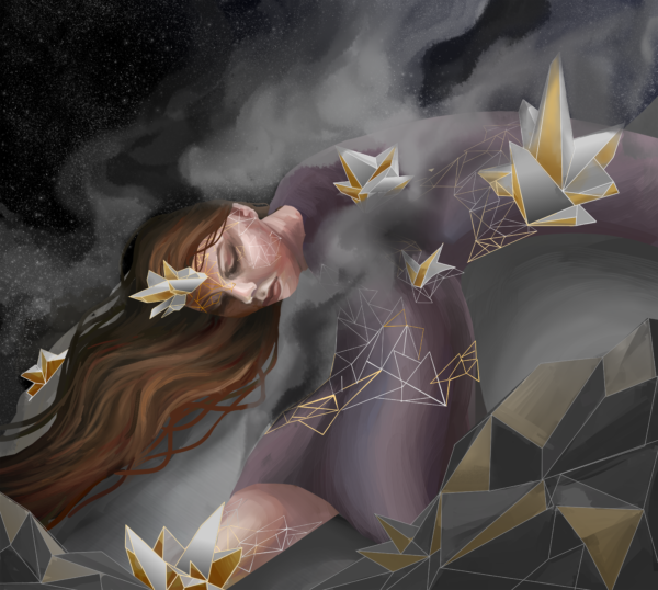 Psyche the goddess is pictured with brown hair and a purple flowing dress lying on top of the metallic core of the asteroid with dark smoke surrounding her after various collisions. Gold and silver crystallization emerges out of the figure, representing different materials thought to form Psyche. Behind the smoke is the black galaxy with faint stars. In the front are metallic grey rocks with gold parts scattered throughout.