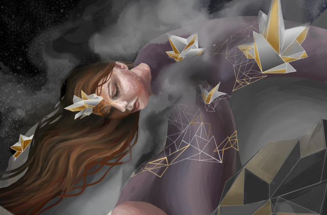 Psyche the goddess is pictured with brown hair and a purple flowing dress lying on top of the metallic core of the asteroid with dark smoke surrounding her after various collisions. Gold and silver crystallization emerges out of the figure, representing different materials thought to form Psyche. Behind the smoke is the black galaxy with faint stars. In the front are metallic grey rocks with gold parts scattered throughout.