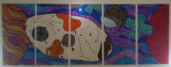 Consisting of five panels mimicking stained glass, this piece depictions the Psyche asteroid and her orbiter with Mars and Jupiter on each side. Light can pass from either direction, creating projections on surrounding surfaces. One side is smooth and the other textured. This piece can function multiple ways, symbolizing the many possibilities we can learn from the Psyche mission.