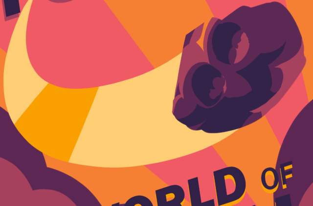 My poster is composed of yellows, oranges, pinks, and purples, which are the colors on the Psyche logo. It features an asteroid zooming towards the reader, leaving a bright yellow trail behind it. The background is composed of pink and orange stripes to create a graphic effect. Purple dust clouds border the bottom of the poster.