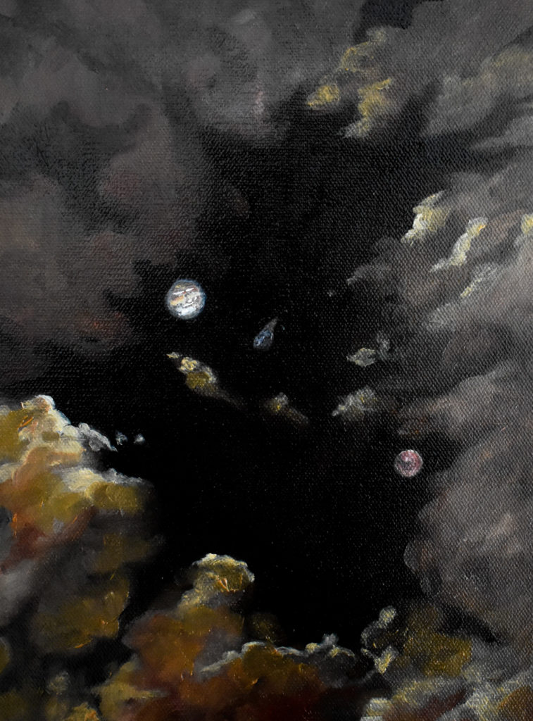 There are three canvases of increasing size top to bottom. The lowest shows a woman wrapped in a blanket and stargazing. She is surrounded by decorative jasper beads adhered to the canvas. The second panel is oblong and shows a waxing gibbous moon, as well as some clouds. The third panel shows the asteroid (16) Psyche between the planets Jupiter and Mars. All three panels are done primarily in shades of yellow with occasional accents of red.