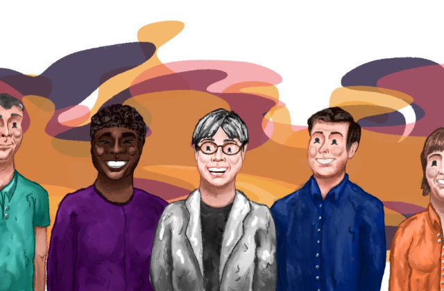 This piece is a Procreate image that shows seven Psyche team members standing next to one another. The back is decorated in an amorphous blob of colors reminiscent of Psyche's logo. The individuals depicted have a cartoon-like character about them.