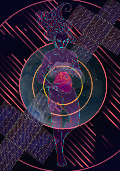 The goddess Psyche floats translucent and nude in space. Her body is split horizontally to reveal the asteroid Psyche in her core, which she cradles. Behind her are the satellite Psyche and the planet Earth. All subjects are framed within the bullseye-styled orbit pattern the satellite will use during the mission. Colors are vibrant and glowing, and diagonal dashes streak the background.