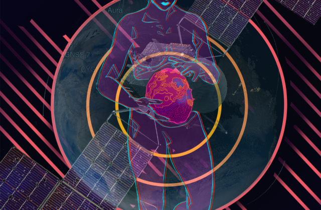 The goddess Psyche floats translucent and nude in space. Her body is split horizontally to reveal the asteroid Psyche in her core, which she cradles. Behind her are the satellite Psyche and the planet Earth. All subjects are framed within the bullseye-styled orbit pattern the satellite will use during the mission. Colors are vibrant and glowing, and diagonal dashes streak the background.