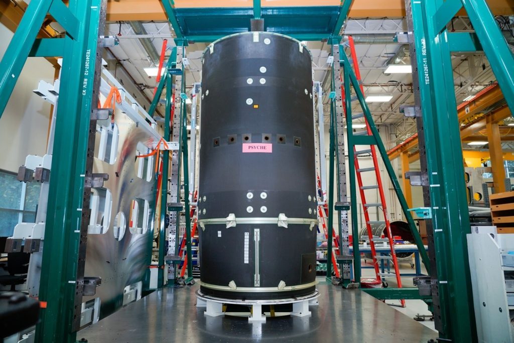 Psyche’s spacecraft body being tested at Maxar’s Palo Alto, California manufacturing facility.