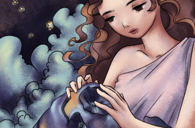 In this piece, Psyche the goddess is caressing the asteroid 16-Psyche. The entire piece is digitally created, but it has a grainy finish, reminiscent of pencil markings. The color scheme is centered around pinks and purples.The goddess wears a light pink dress and has curly brown hair, whereas the asteroid is deep purple with blue and orange highlights. The background is composed of tiny stars and bulbous blue clouds.