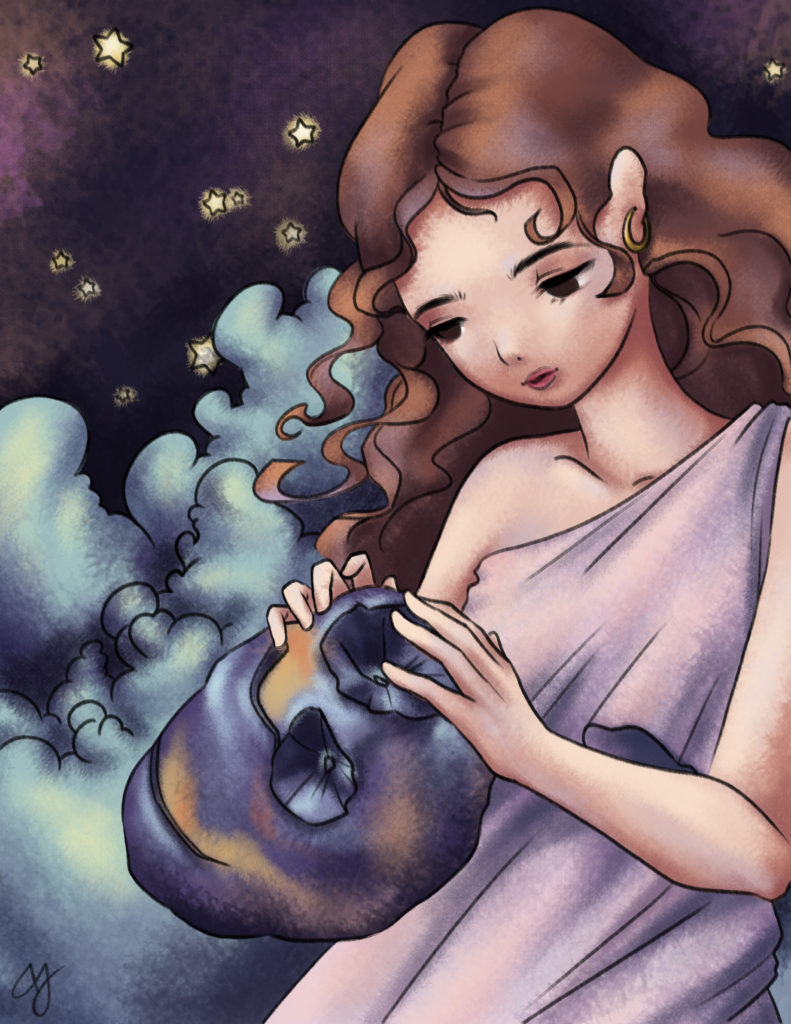 In this piece, Psyche the goddess is caressing the asteroid 16-Psyche. The entire piece is digitally created, but it has a grainy finish, reminiscent of pencil markings. The color scheme is centered around pinks and purples.The goddess wears a light pink dress and has curly brown hair, whereas the asteroid is deep purple with blue and orange highlights. The background is composed of tiny stars and bulbous blue clouds.