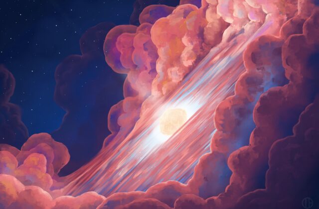Billowing clouds of pink, purple, and blue ring a glowing asteroid, cut through by a pillar of bright light. The scene is backdropped by the rich, dark blue void of space, sprinkled with stars.