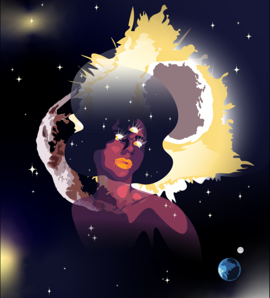 In the center of the image is a portrait of a woman, a representation of life and Psyche, that is slightly see through with pink and purple colors. Behind the woman light shines from a collision of two asteroids. The background is a dark blue with other colors within in representing light and stars. In the bottom right corner is the Earth and Moon.