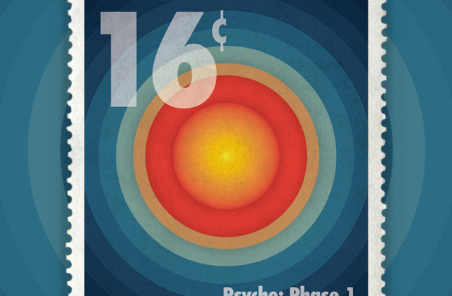 "In a retro, but futuristic aesthetic, eight stamps depict the formation of the Psyche asteroid after a hypothesized collision stripped it of its outer mantle and crust, leaving behind a metallic core. Simple line strokes and geometric shapes form the different Psyche phases in a bold primary color palette to bring the design to life. The postage stamps are combined together to create a Book of Stamps, with a tag attached at the top with Psyche’s Logo, name of the stamp collection “The Formation of Psyche”, and a barcode. The numbers on the bar code illustrate the start and end dates of this flight mission by month and year. "