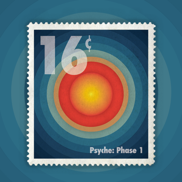 "In a retro, but futuristic aesthetic, eight stamps depict the formation of the Psyche asteroid after a hypothesized collision stripped it of its outer mantle and crust, leaving behind a metallic core. Simple line strokes and geometric shapes form the different Psyche phases in a bold primary color palette to bring the design to life. The postage stamps are combined together to create a Book of Stamps, with a tag attached at the top with Psyche’s Logo, name of the stamp collection “The Formation of Psyche”, and a barcode. The numbers on the bar code illustrate the start and end dates of this flight mission by month and year. "