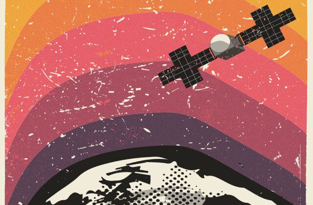 The poster has a large degree of texture, making it feel worn and aged. The colors are that of the Psyche mission itself, beginning at the cool and dark tones of purple and radiating out of the asteroid into a bright and warm yellow. Nearby, a spacecraft hovers in orbit of the asteroid. The asteroid is in the bottom half of the poster with the words "Psyche: A metal world" written on top of it. Stars twinkle in the space shown.