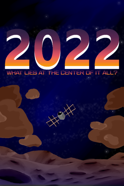 A movie poster with a deep blue backdrop adorned with scattered stars. Centered is the Psyche spacecraft floating above the Psyche asteroid, both of which are below a large purple, pink, orange, and white gradient 2022.