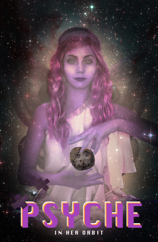 The psyche goddess is shown encompassing the asteroid with the spacecraft orbiting around her in a field of stars.