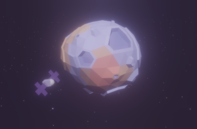 An animation showing the Psyche spacecraft orbiting the potentially metallic asteroid (16) Psyche . In the animation, both the Psyche spacecraft and asteroid are floating in space with stars glowing in the dark background. The asteroid is a giant polygon with blue, orange, and yellow colors.
