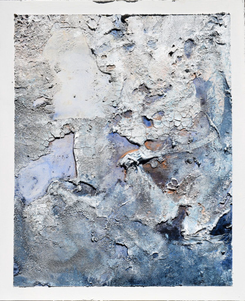 A canvas spread with sand, cement paste, and acrylic and watercolor to create craters, peaks, and cracks reminiscent of the asteroid's surface. Soft whites, blues, and browns are layerered with gold and copper metal paint.
