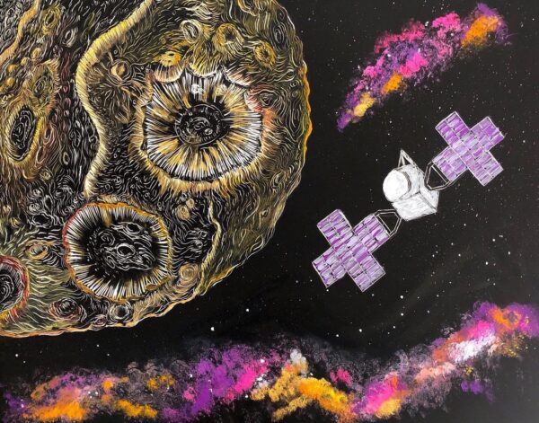 A 9 x 12 scratchboard embed with the drawing of Psyche and its satellite. To highlight the metallic texture and the colors of the Psyche mission, Psyche is contoured in a diluted gouache paint, and a more opaque form of the gouache paint in the mission's colors depict the satellite and the galaxy clouds.