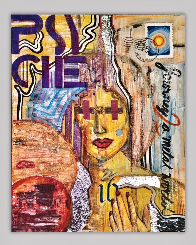 At the center of the piece, a close, semi-transparent portrait of Psyche with the universe and Psyche mission motifs surrounding her in an expressionist style. The portrait of the goddess is painted bright yellow, with contrasting orange and purple for undertones and shading. In place of eyes, there is an abstract drawing made out of marker and colored tape of the Psyche mission spacecraft. Surrounding her face, the projected flight overview of the spacecraft is painted in a spiraled motion further into the solar system. The top left corner has the word “Psyche” broken up by syllables in blue letters with textured yellow/blue background and black/white wavy lines. The top right corner has a neon orange, black, and white line textured background with the first phase postage stamped. On top of the stamp, “Madam in her Universe” is written on the top while “Mission to Psyche” is on the bottom, and “2015-2027” in the middle. Under the stamp the Psyche Mission tagline, “Journey to a Metal World”, is written vertically in cursive along a blue and white background to the bottom right corner, with the word “to” replaced for the number “2” in orange. The bottom right corner has the yellow shoulder of the Goddess with her hand on her chest, with her hand touching the number “16” in blue on her heart. There are pieces of tin foil overlapping her body with white and black wavy lines. The bottom left corner has the planets Jupitar and Mars bleeding off the canvas and covering the goddess’s left shoulder. Mars is in front of Jupiter and there is aluminum foil outlining Mars.