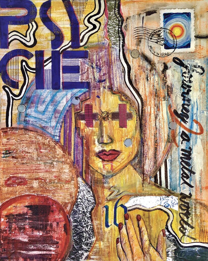At the center of the piece, a close, semi-transparent portrait of Psyche with the universe and Psyche mission motifs surrounding her in an expressionist style. The portrait of the goddess is painted bright yellow, with contrasting orange and purple for undertones and shading. In place of eyes, there is an abstract drawing made out of marker and colored tape of the Psyche mission spacecraft. Surrounding her face, the projected flight overview of the spacecraft is painted in a spiraled motion further into the solar system. The top left corner has the word “Psyche” broken up by syllables in blue letters with textured yellow/blue background and black/white wavy lines. The top right corner has a neon orange, black, and white line textured background with the first phase postage stamped. On top of the stamp, “Madam in her Universe” is written on the top while “Mission to Psyche” is on the bottom, and “2015-2027” in the middle. Under the stamp the Psyche Mission tagline, “Journey to a Metal World”, is written vertically in cursive along a blue and white background to the bottom right corner, with the word “to” replaced for the number “2” in orange. The bottom right corner has the yellow shoulder of the Goddess with her hand on her chest, with her hand touching the number “16” in blue on her heart. There are pieces of tin foil overlapping her body with white and black wavy lines. The bottom left corner has the planets Jupitar and Mars bleeding off the canvas and covering the goddess’s left shoulder. Mars is in front of Jupiter and there is aluminum foil outlining Mars.