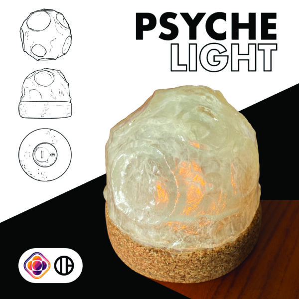 A product presentation page, titled “Psyche Light”. In the center of the page is a large photograph of a lamp. The lamp has a short, cylindrical base made of cork. A translucent white dome sits on the base and diffuses an orange light. The dome is heavily textured with craters to mimic the hypothesized surface of the asteroid Psyche. Along the left margin is a black and white orthographic line drawing of the lamp.