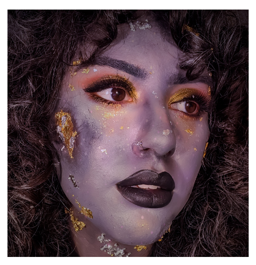 One makeup look with pink, purple, and tints of yellow and orange (goddess look), and another with a base of grey and gold leaf with sculpted craters (asteroid).