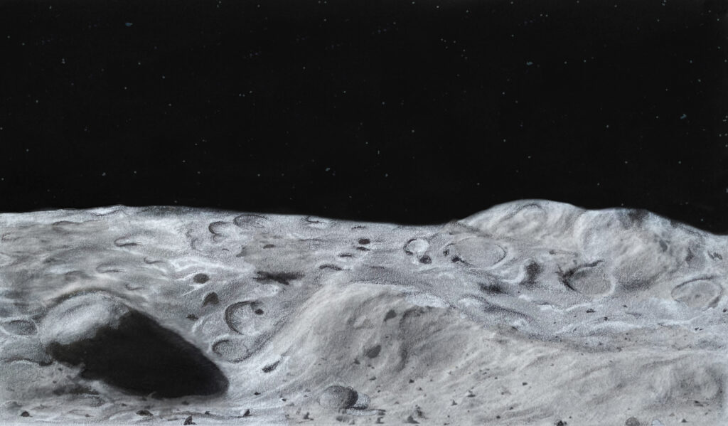 Pictured is a black and white drawing of the surface of Psyche. The surface is filled with craters and rocks. Past the surface is a black sky with stars. The drawing is from the viewpoint of a person standing on Psyche's surface and looking out into space.