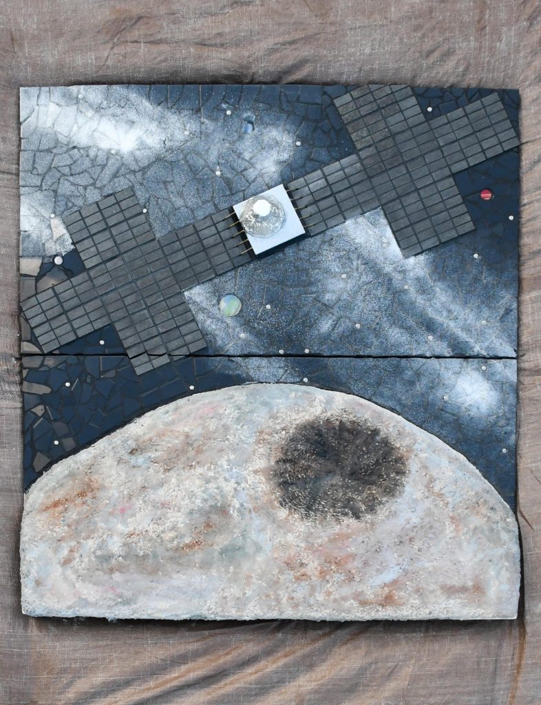 A mosaic showcasing the Psyche spacecraft approaching the Psyche asteroid.