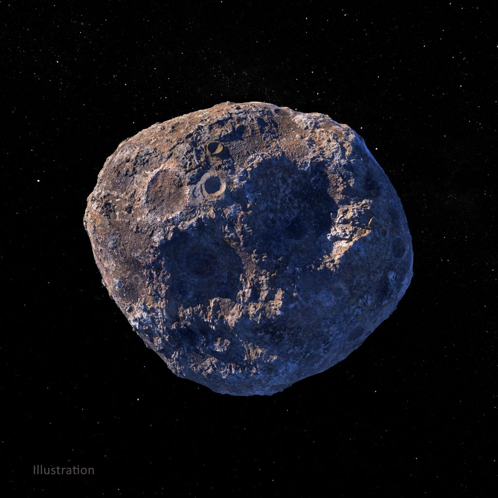 An illustration depicting the target of NASA’s Psyche mission: the metal-rich asteroid Psyche, in the main asteroid belt between Mars and Jupiter.