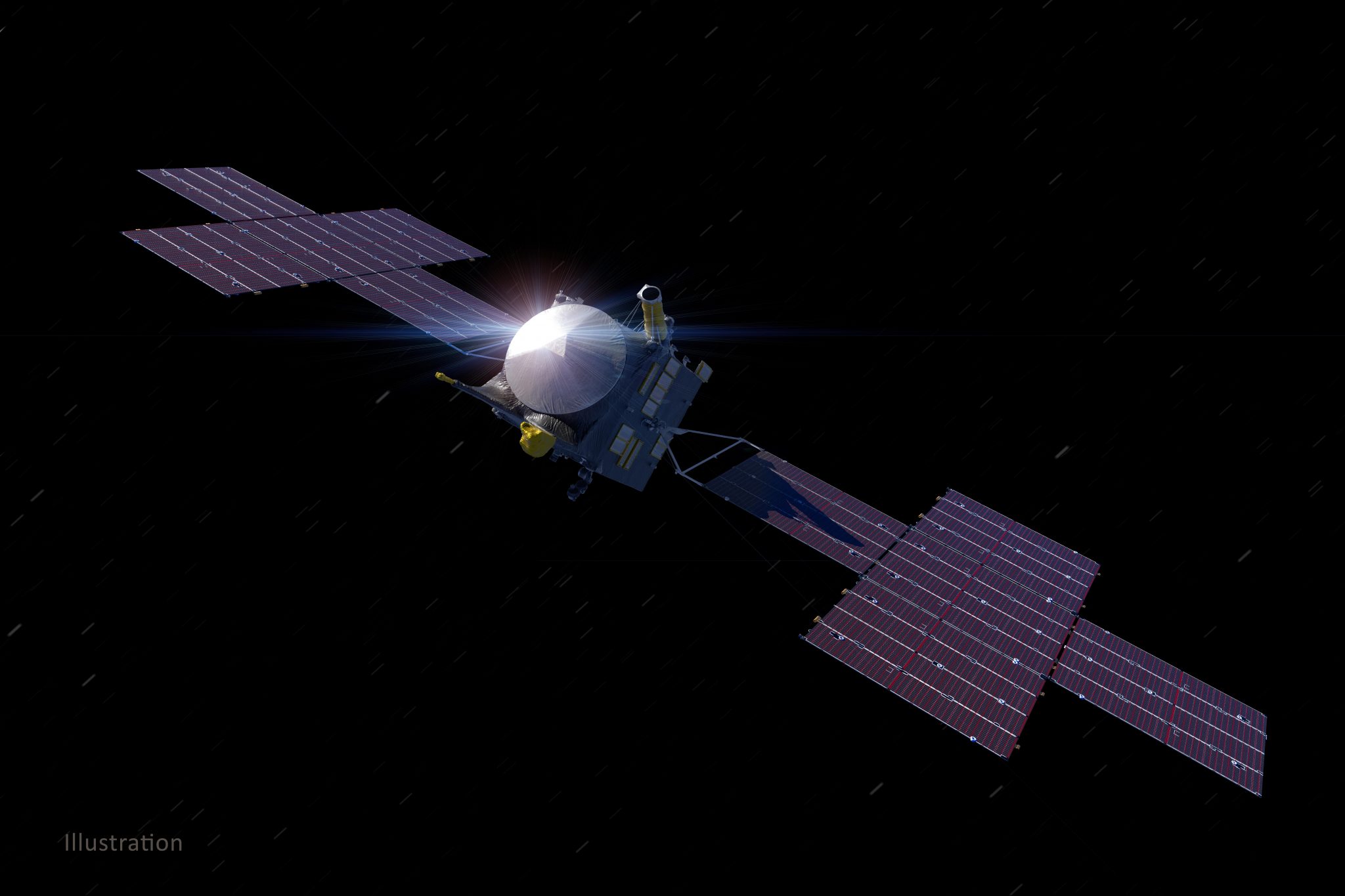 An illustration shows the Psyche spacecraft in space with its two plus-sign shaped solar panels extended on each side.