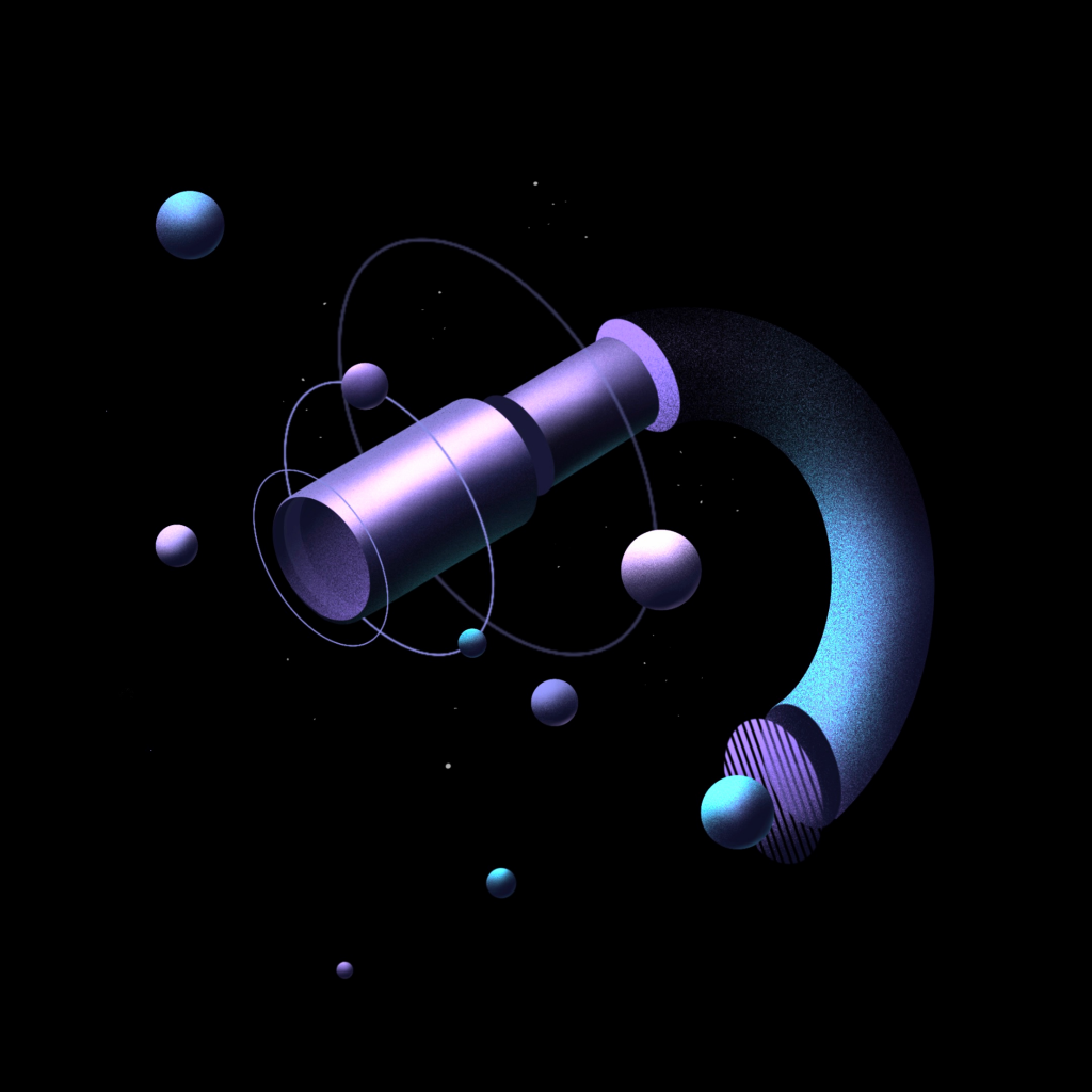 Three illustrations showing different instruments on the Psyche spacecraft. There is a multispectral imager, a gamma ray and neutron spectrometer, and a magnetometer. The illustrations are made of purple and blues, surrounded by spherical elements representing molecules.