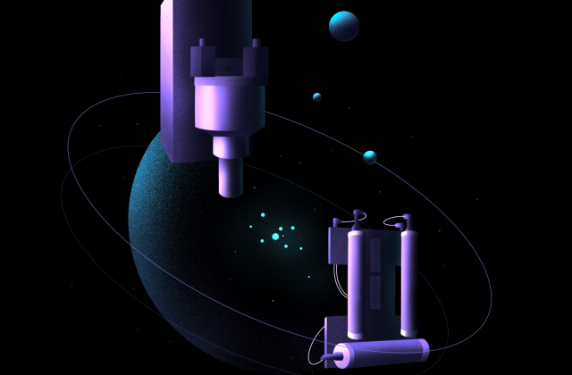 Three illustrations showing different instruments on the Psyche spacecraft. There is a multispectral imager, a gamma ray and neutron spectrometer, and a magnetometer. The illustrations are made of purple and blues, surrounded by spherical elements representing molecules.