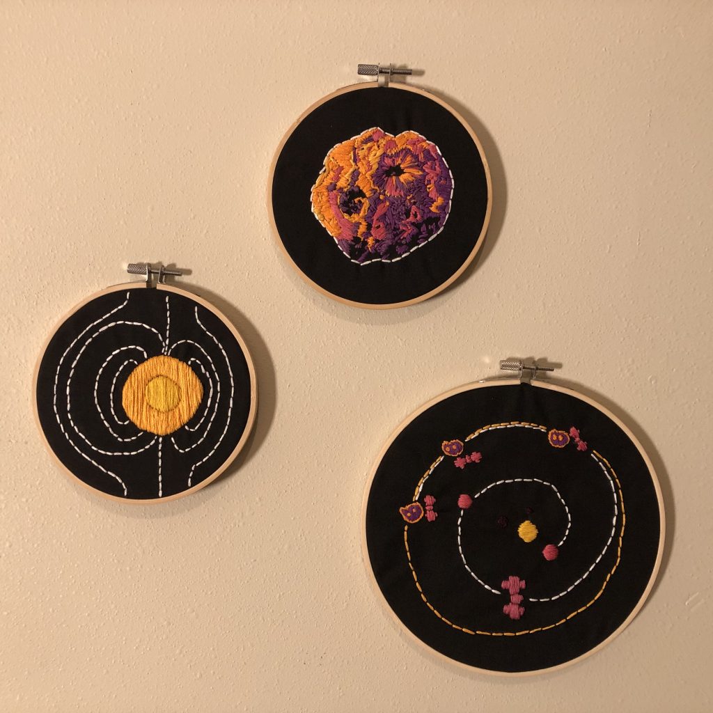 Three embroidery hoops of black fabric lay arranged as a triangle on an off-white wall. The top hoop has an embroidered asteroid colored with yellow, orange, pink, and purple threads. The bottom left hoop has a yellow threaded circle with unsymmetrical white dashed lines following the arc of the circle from the top most point to the bottom most point. The bottom right hoop is slightly bigger with an orbital design of the Sun, Mercury, Venus, Earth, Mars and the Psyche asteroid and spacecraft at three spots. A white dashed line circles from Earth to Mars then around to a greater orange outer circle where Psyche and the spacecraft meet.