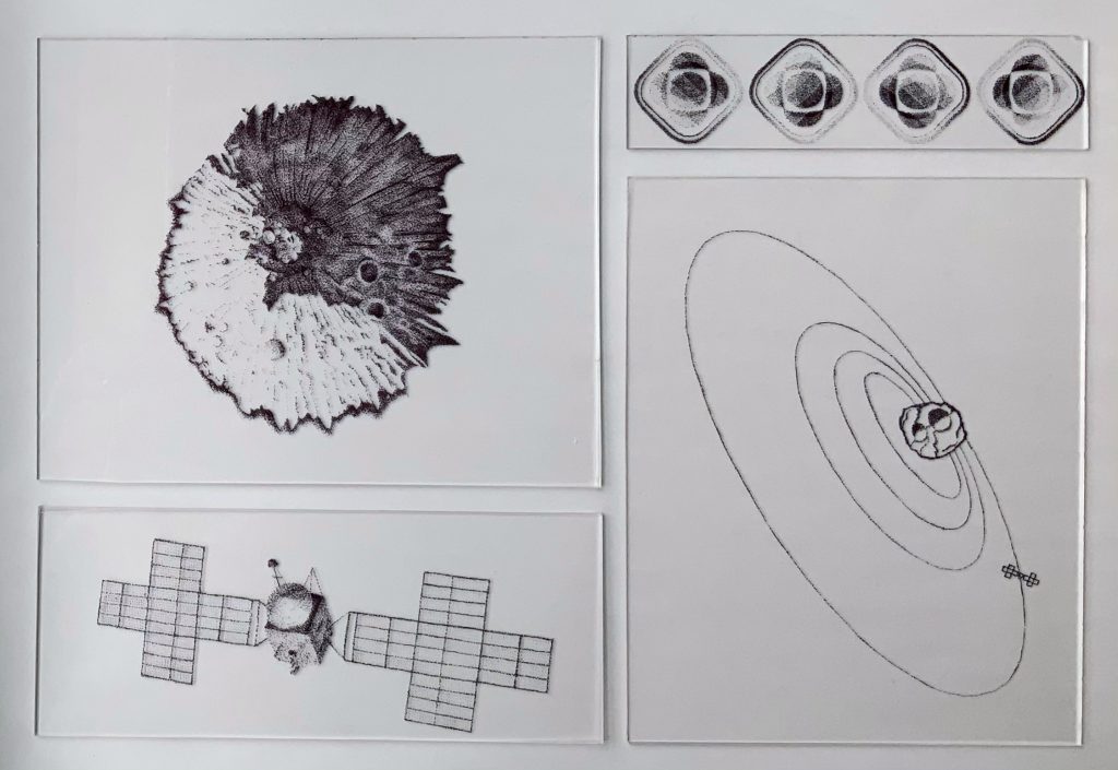 This piece consists of four parts, each made of plexiglass with black ink. Dimensions are 8 inches by 10 inches, 8 inches by 10 inches, 8 inches by 2 inches, 4 inches by 10 inches. Pointillism builds the form of the Psyche logo, the spacecraft, the orbits of the spacecraft around the asteroid, and an imagining of a crater on Psyche’s surface.