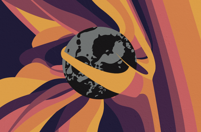 Purple, yellow, orange, and pink lines are drawn around the Psyche asteroid, which is conveyed by a sphere in the middle of the piece. The Psyche asteroid is black and grey, with details of craters and shadows.