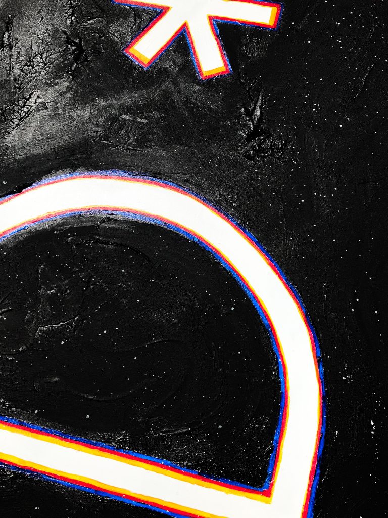 This piece titled depicts the the symbol of the (16) Psyche asteroid. The symbol is in a bold white font wrapped with the three primary colors, red, yellow and blue. These colors give a sense that the symbol is slightly vibrating. The background is painted black with little white stars, representing space and the infinite universe behind it. The painting in size is 36 x 28, and it has a rough texture to compliment the black space around the symbol.