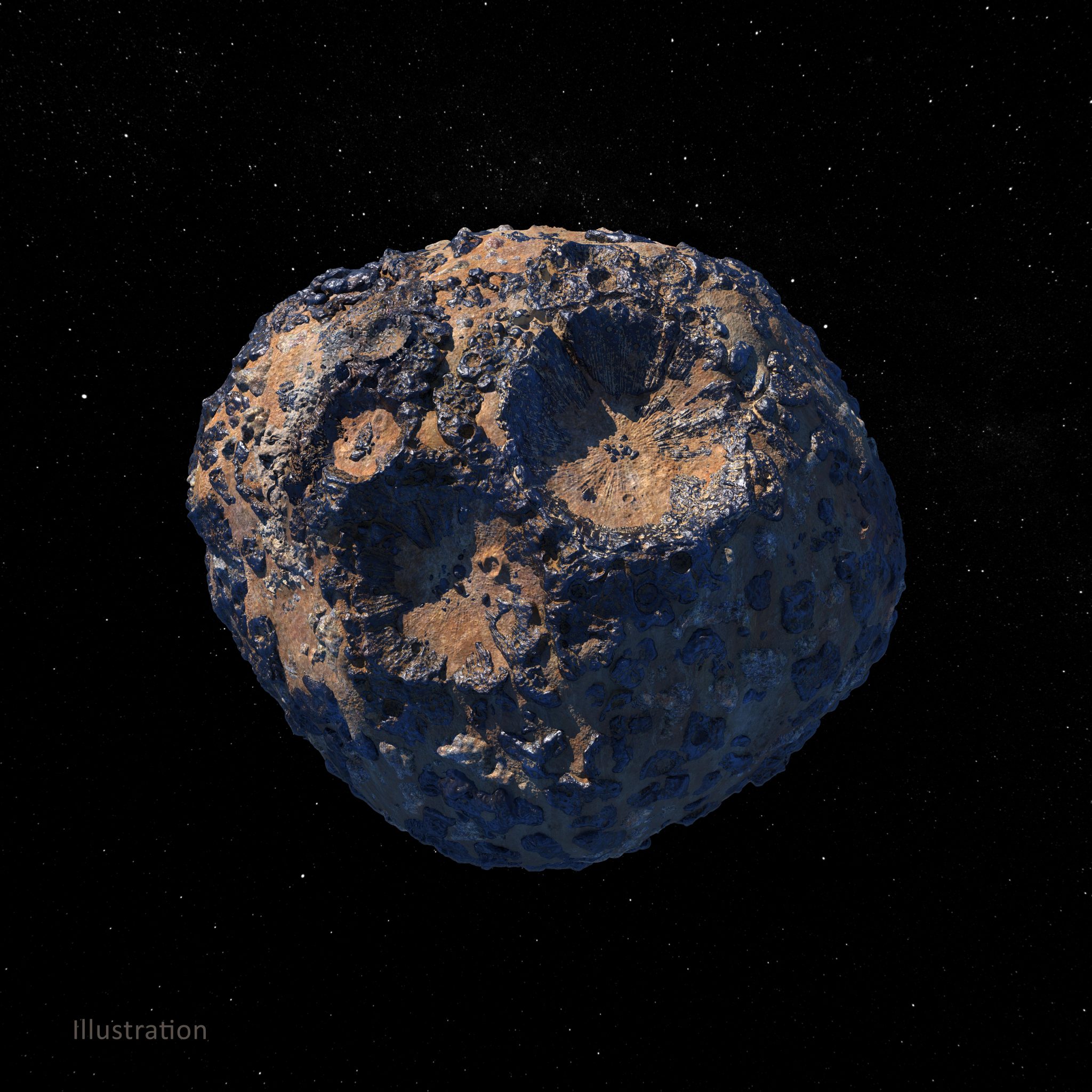 The dark rocky and metallic Psyche asteroid appears covered with large and small craters in this illustration. Some of the craters have a lighter brown material in them. The asteroid is illuminated from the upper left.