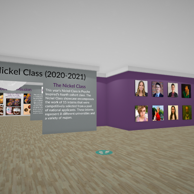 A screenshot of the 3D virtual gallery for the Psyche Inspired Showcase. It shows a 3D room with artworks and artist photographs on the walls.