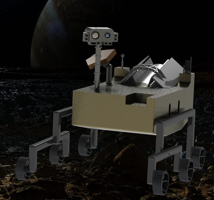 A rendering of a 6-wheeled rover design on a shiny, rocky terrain.