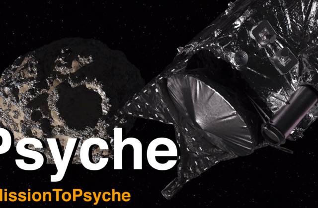 Thumbnail showing the illustration of the asteroid and spacecraft and the words Psyche #MissionToPsyche