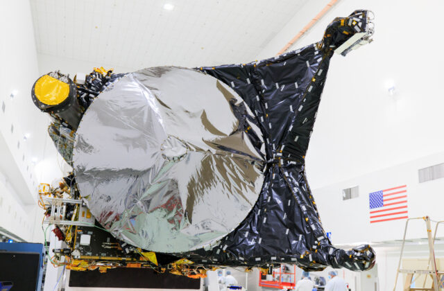 The high gain antenna of NASA’s Psyche spacecraft takes center stage in this photo, captured at the Astrotech Space Operations facility near the agency’s Kennedy Space Center in Florida.