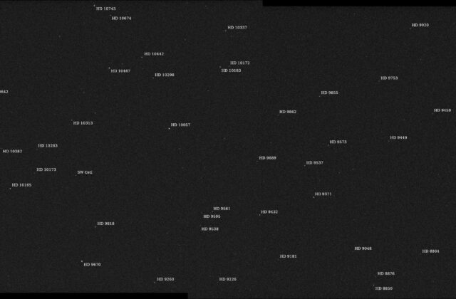 Annotated version of the starfield image with stars labeled.