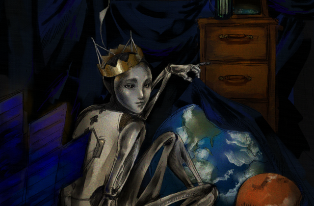 The Psyche spacecraft is portrayed as an android with human features, wearing a paper crown and a serene expression. It sits in a small, minimal room draped in thick cloth, and lifts the obscuring cloth from models of Earth and Mars. On a dresser is a model Falcon Heavy in a bottle, and a framed picture of Earth from orbit. A picture of the asteroid hangs from the wall with a festive garland.