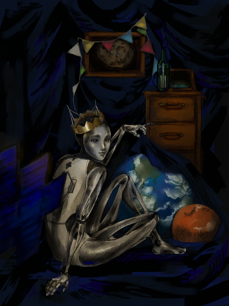 The Psyche spacecraft is portrayed as an android with human features, wearing a paper crown and a serene expression. It sits in a small, minimal room draped in thick cloth, and lifts the obscuring cloth from models of Earth and Mars. On a dresser is a model Falcon Heavy in a bottle, and a framed picture of Earth from orbit. A picture of the asteroid hangs from the wall with a festive garland.