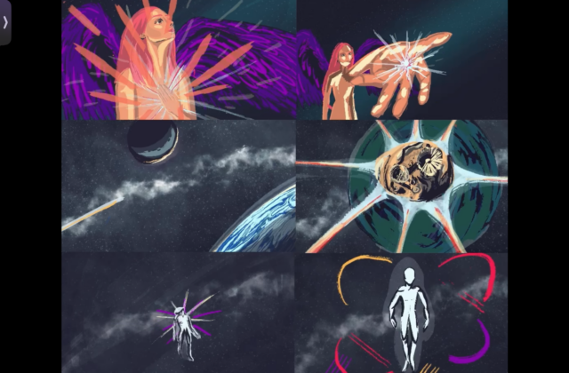 In the GIF "Psyche: The Journey to the Soul," the goddess Psyche holds a glowing light, symbolizing her soul. She releases it, and it travels past Earth and the Moon to illuminate the Psyche asteroid. The light then transforms into a human figure, floating in space and representing the Psyche Inspired logo, encouraging viewers to explore their own journeys of self-discovery.