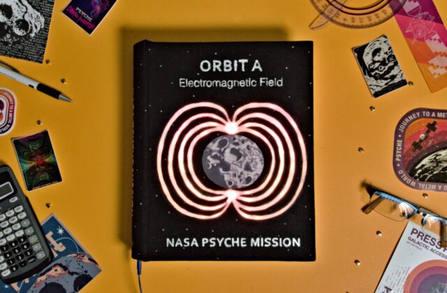 This book is the first in a series about the four orbits the spacecraft will inhabit once it reaches Psyche. The cover features my drawn interpretation of the asteroid surrounded with a light up electromagnetic field. On the back is a blurb about how and why scientists are going to look for an electric field. The interior is hand sewn and finished with handmade marbled end pages.