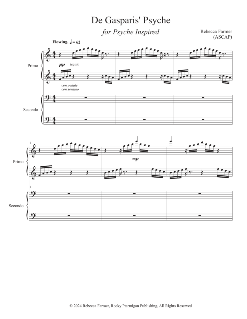 This image features the cover page of a musical score for a piano duet. Composer: Rebecca Farmer, Title: De Gasparis' Psyche, Published: 2024 by Rocky Ptarmigan Publishing, Affiliations: Psyche Inspired and ASCAP.