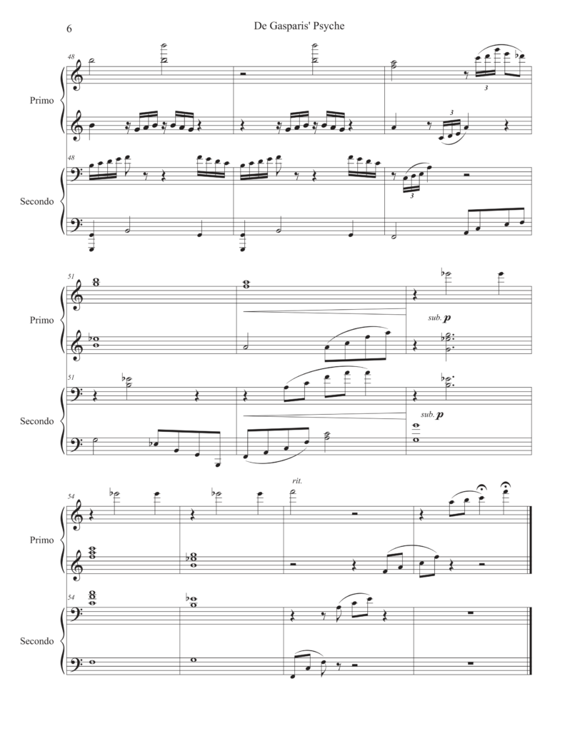 This image features the cover page of a musical score for a piano duet. Composer: Rebecca Farmer, Title: De Gasparis' Psyche, Published: 2024 by Rocky Ptarmigan Publishing, Affiliations: Psyche Inspired and ASCAP.