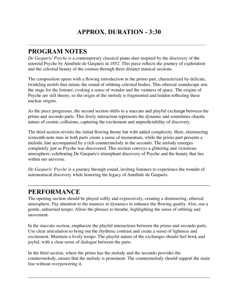 This image features the cover page of a musical score for a piano duet. Composer: Rebecca Farmer, Title: De Gasparis' Psyche, Published: 2024 by Rocky Ptarmigan Publishing, Affiliations: Psyche Inspired and ASCAP.