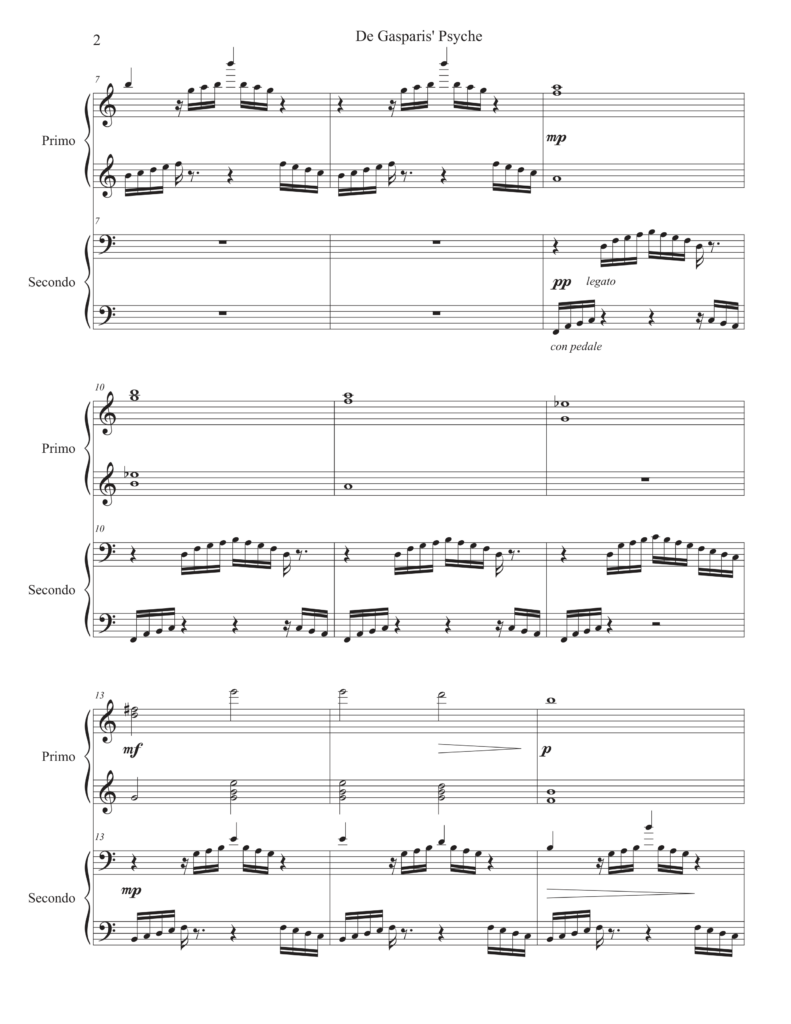 This image features the cover page of a musical score for a piano duet. Composer: Rebecca Farmer, Title: De Gasparis' Psyche, Published: 2024 by Rocky Ptarmigan Publishing, Affiliations: Psyche Inspired and ASCAP.